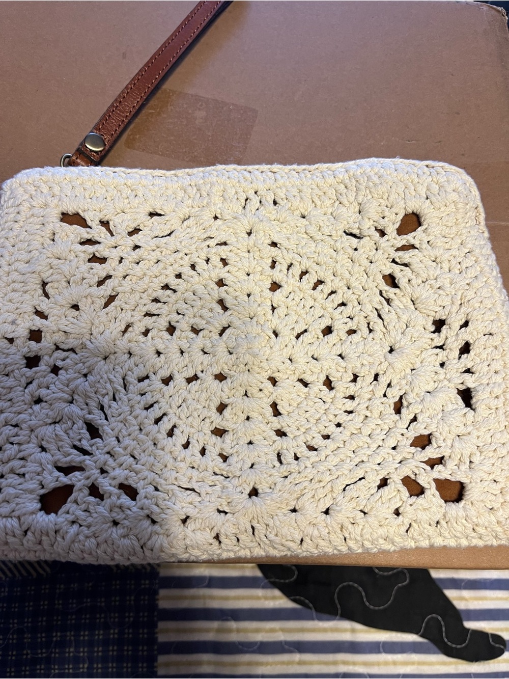 Patricia Nash Cream Crochet Wristlet with Brown Strap 9x6